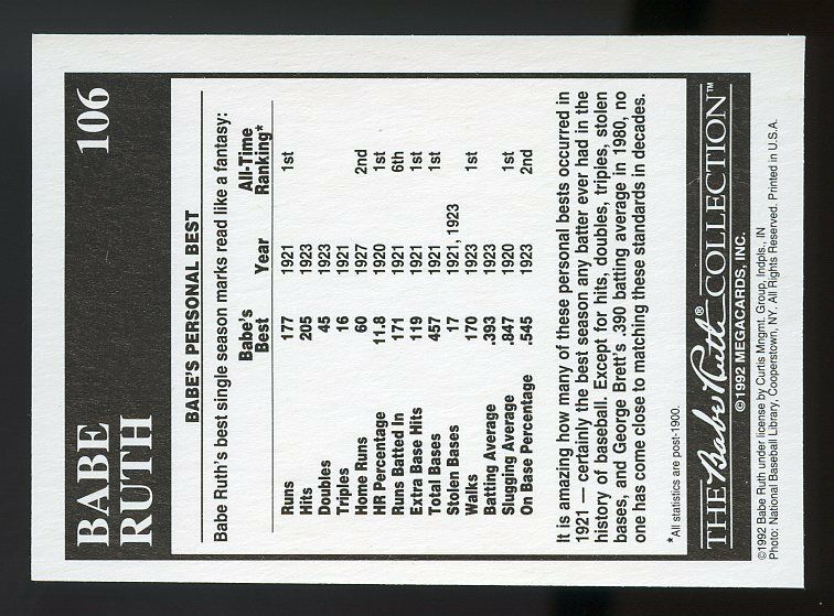 1992 megacards ruth #106 BABE RUTH new york yankees Image 2