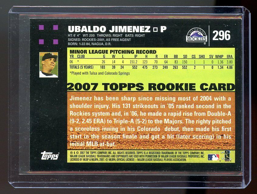 2007 Topps #296 Ubaldo Jimenez Colorado Rockies Rookie Card Image 2