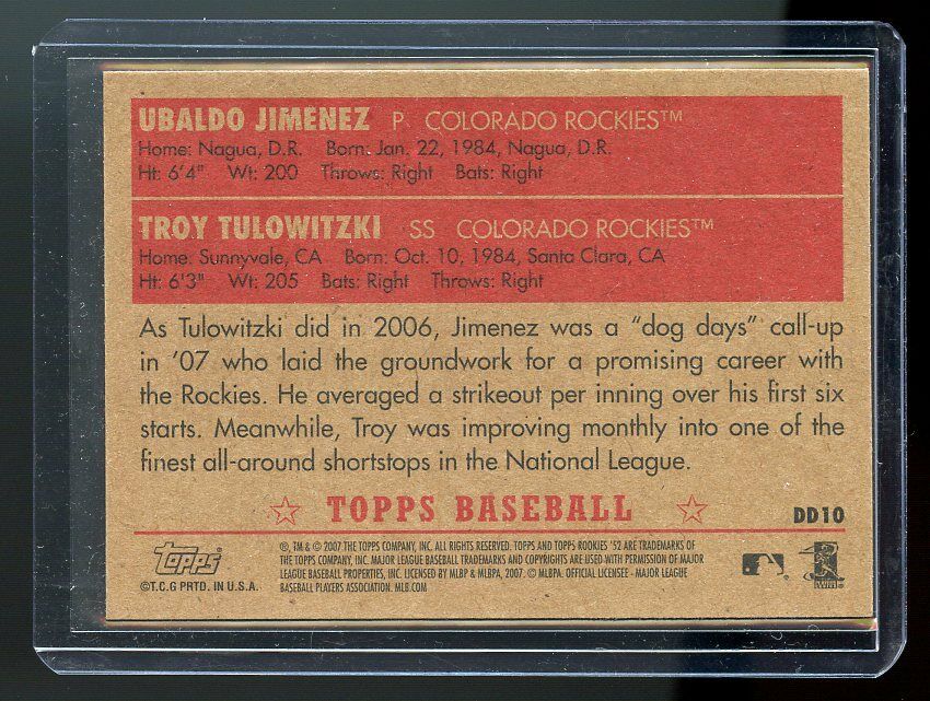 2007 Topps Dynamic Duo #DD10 Ubaldo Jimenez Troy Tulowitzki Rockies Rookie Card Image 2