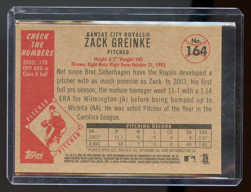2003 Bowman Heritage #164 Zack Greinke Kansas City Royals Rookie Card Image 2