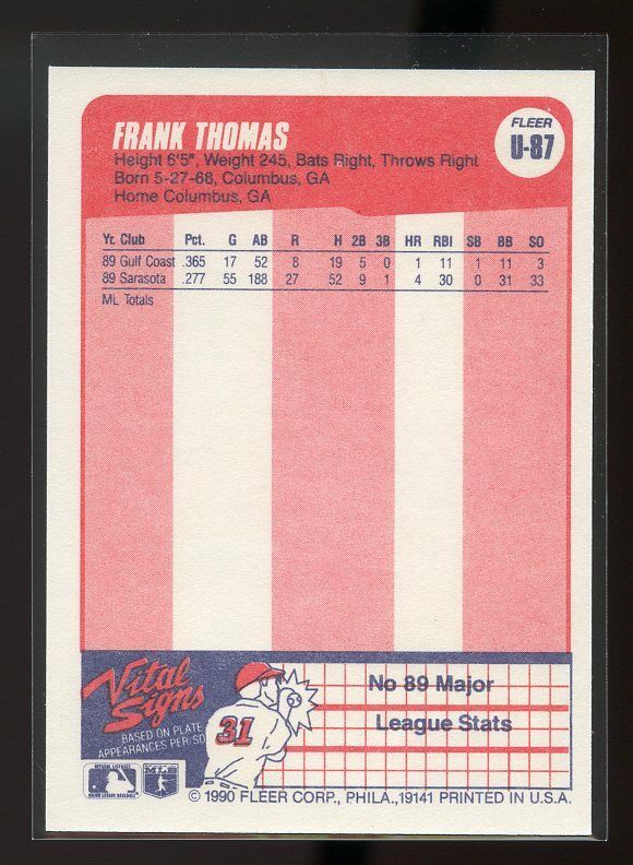 1990 fleer update #u-87 FRANK THOMAS chicago white sox ROOKIE card Image 2