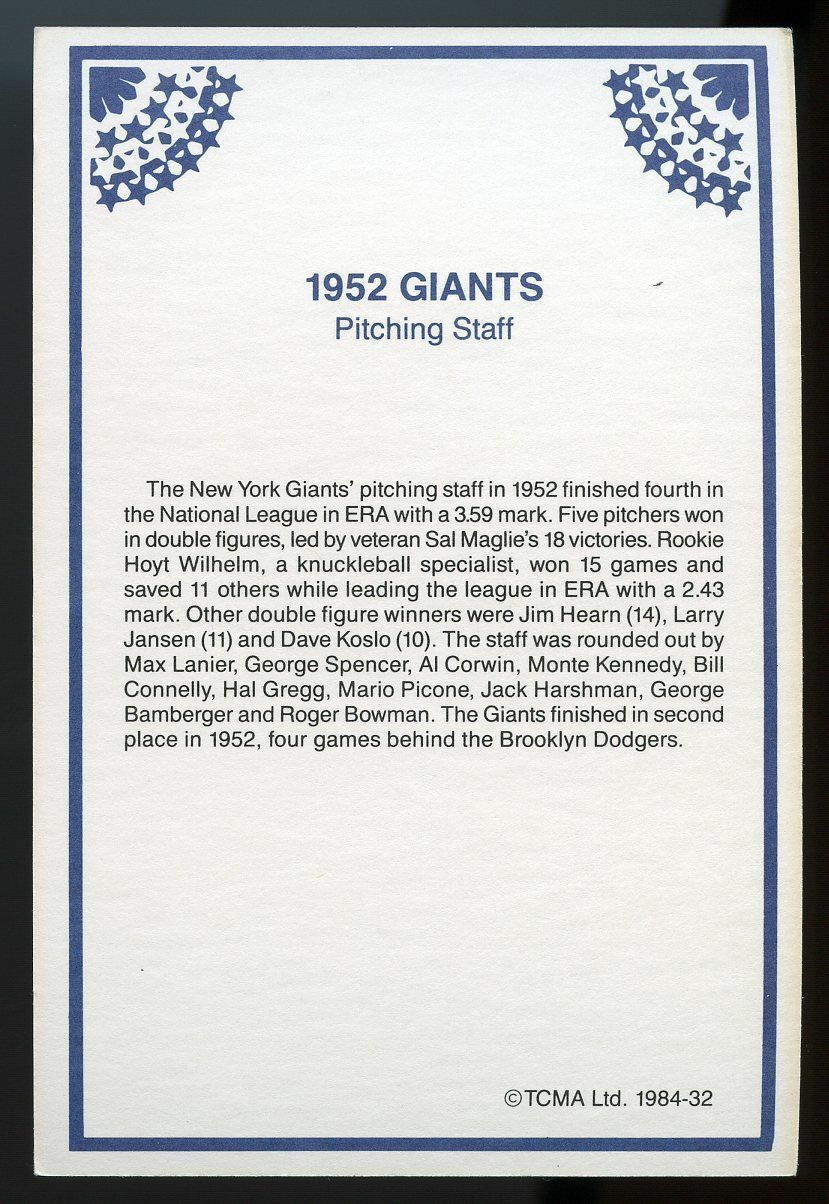 1984 TCMA Greats #32 1952 Giants Pitchg Staff Player 4x6 Card  Image 2