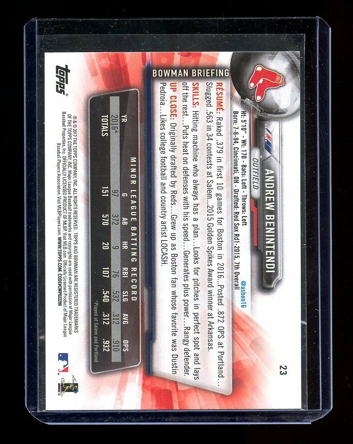 2017 Bowman #23 Andrew Benintendi Boston Red Sox Rookie Card Image 2