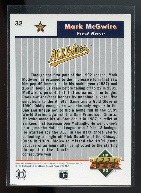 1992 upper deck fanfest gold #32 MARK MCGWIRE oakland athletics Image 2