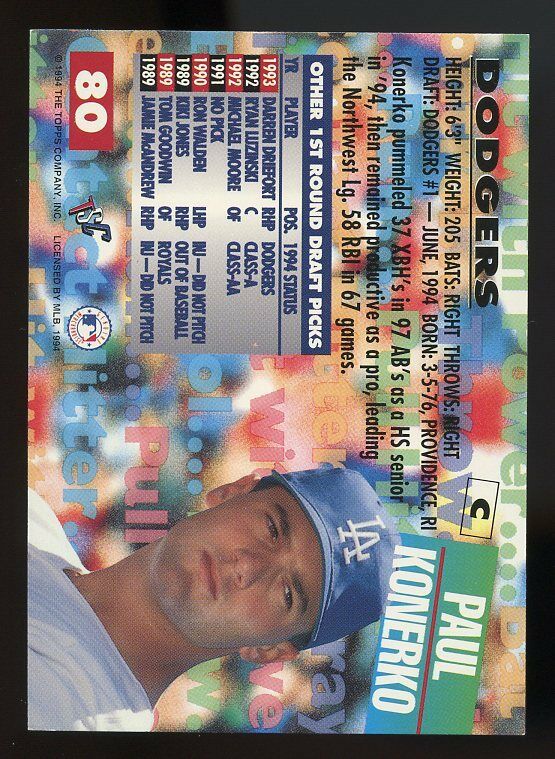 1994 stadium club draft picks #80 PAUL KONERKO chicago white sox ROOKIE card Image 2