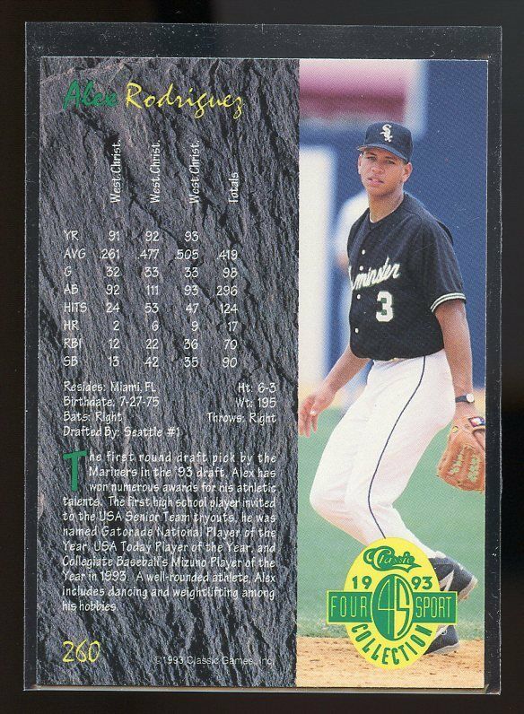 1993 classic four sport #260 ALEX RODRIGUEZ seattle mariners minor league ROOKIE Image 2