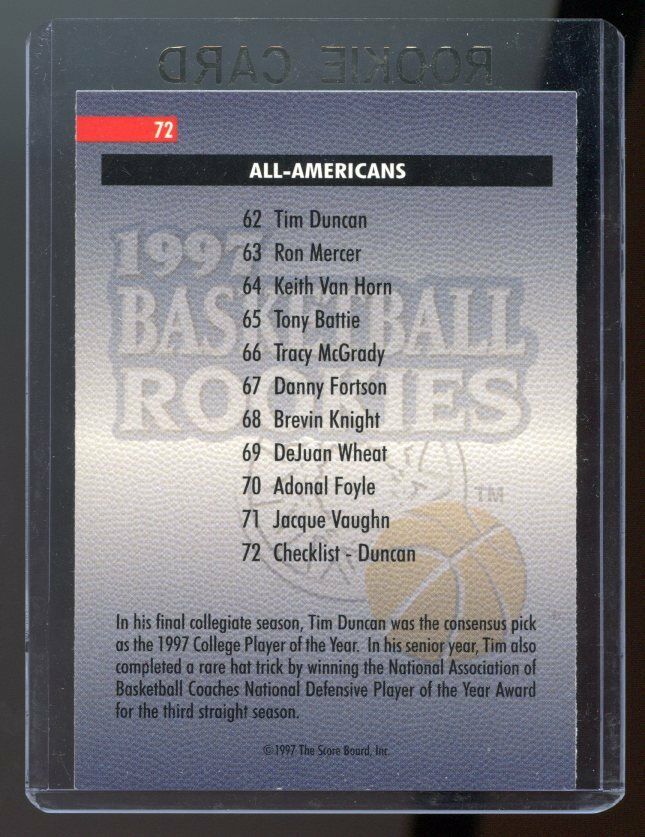 1997 Score Board Rookies #72 Tim Duncan AA CL Rookie Card Image 2