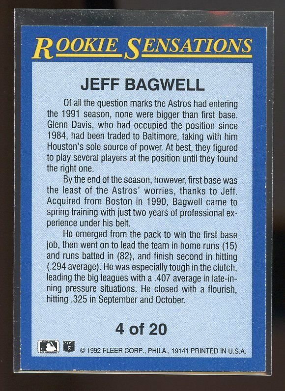 1992 fleer rookie sensations #4 JEFF BAGWELL houston astros Image 2