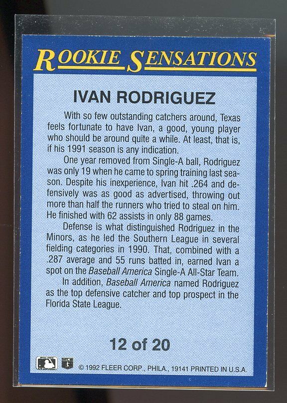 1992 fleer rookie sensations #12 IVAN RODRIGUEZ texas rangers Image 2