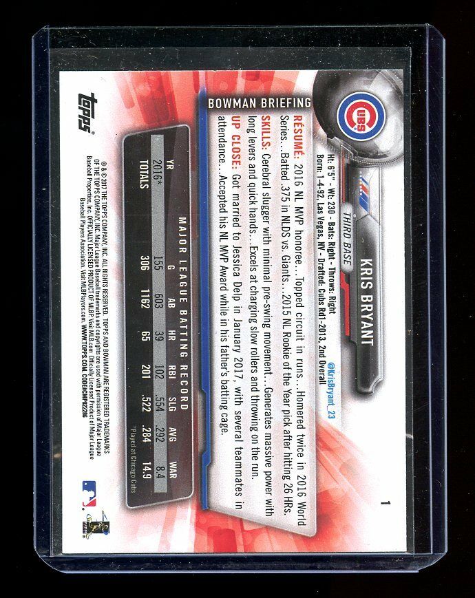 2017 Bowman #1 Kris Bryant Chicago Cubs Third Year Player Card Image 2