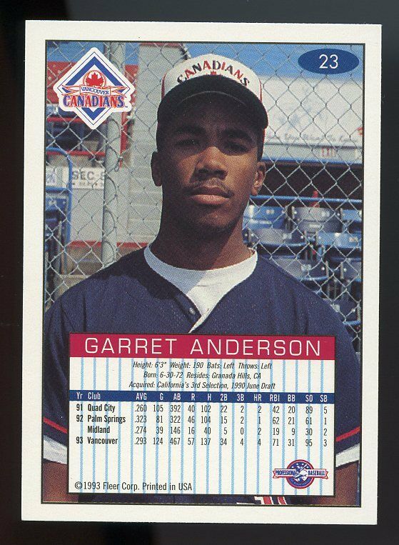 1993-94 fleer excel #23 GARRET ANDERSON california angels ROOKIE card Image 2