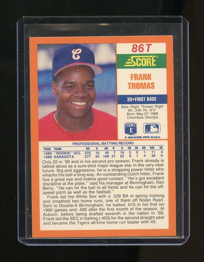 1990 Score Rookie/Traded #86T Frank Thomas Chicago White Sox Rookie Card Image 2