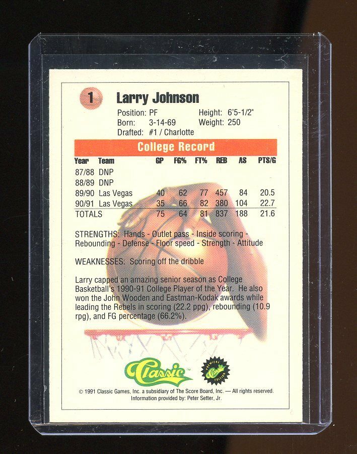 1991 Classic Draft Picks #1 Larry Johnson UNLV Rebels Rookie Card Image 2