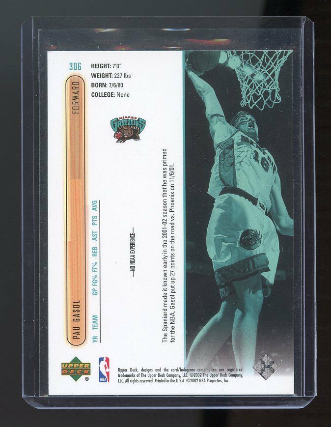 2001-02 Upper Deck #306 Pau Gasol Memphis Grizzlies Rookie Card Image 2