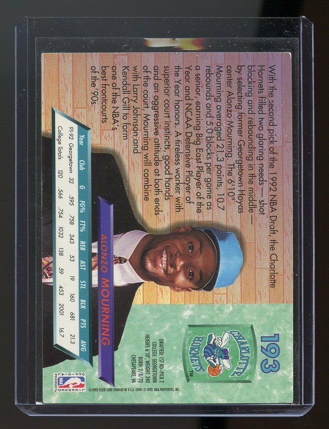 1992-93 Ultra #193 Alonzo Mourning Charlotte Hornets Rookie Card Image 2