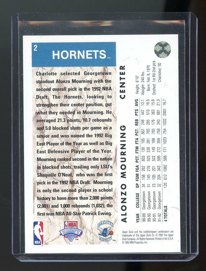 1992-93 Upper Deck #2 Alonzo Mourning Charlotte Hornets Rookie Card Image 2