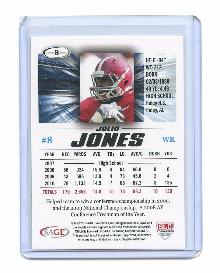 2011 Sage Hit #8 Julio Jones Rookie Card Image 2