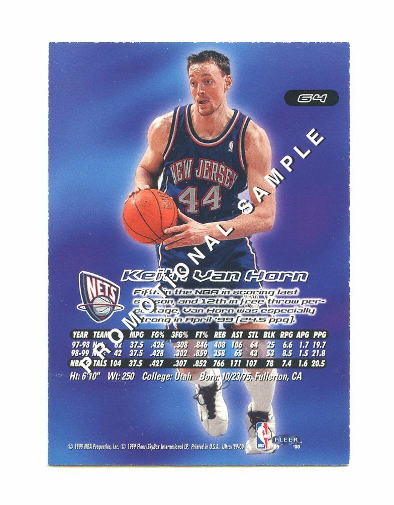 1999-00 Fleer Ultra Promotional Sample #64 Keith Van Horn New Jersey Nets Image 2