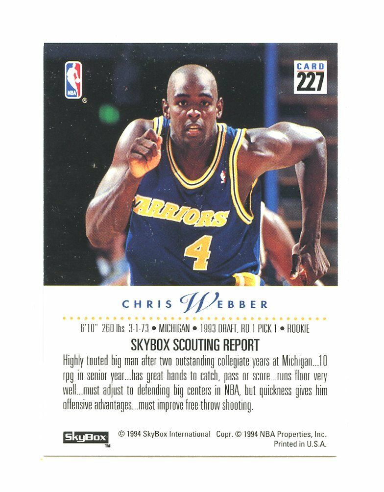 1993-94 Skybox #227 Chris Webber Golden State Warriors Rookie Card Image 2