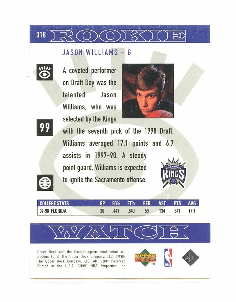 1998-99 Upper Deck #318 Jason Williams Sacramento Kings Rookie Card Image 2