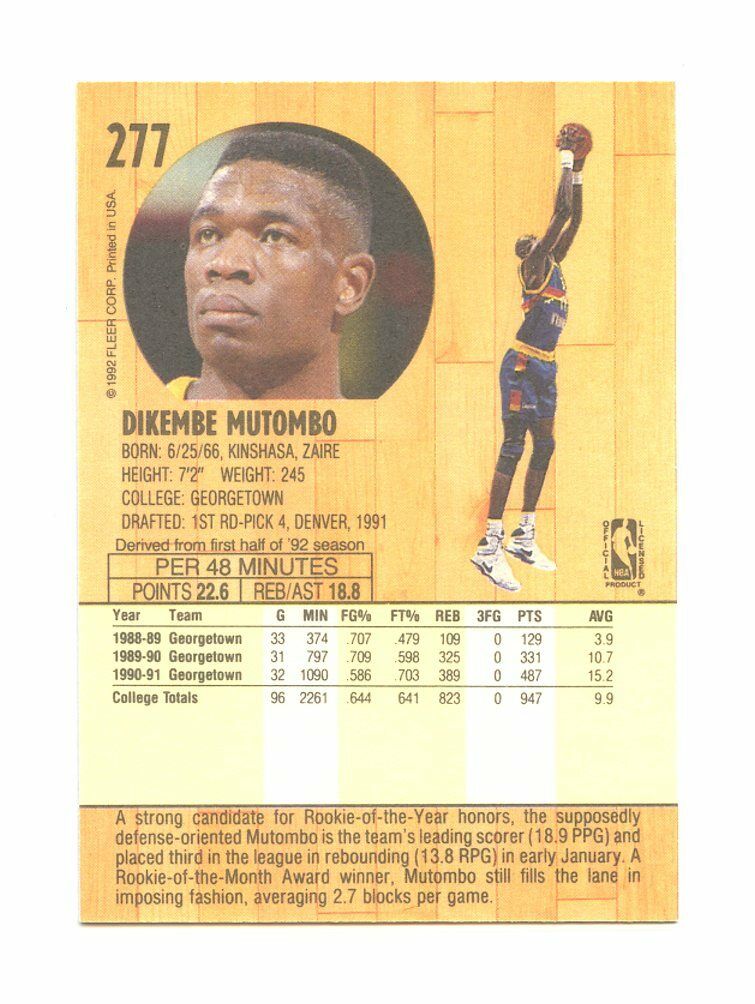 1991-92 Fleer 277 Dikembe Mutombo Denver Nuggets Rookie Card Image 2