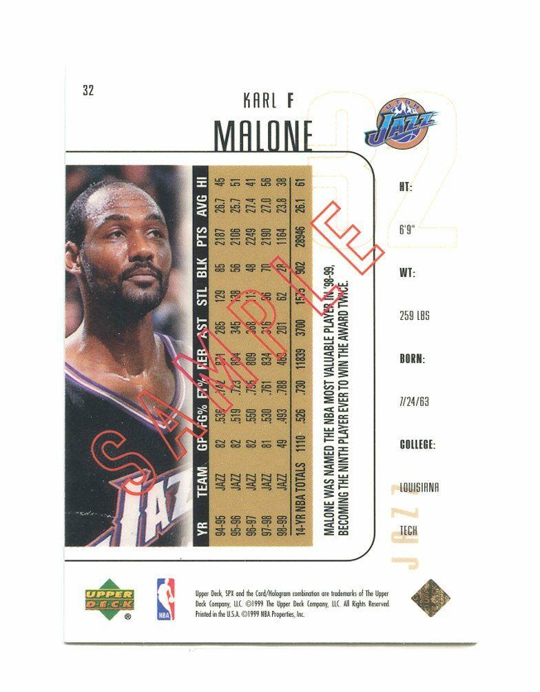 1999-00 SPX Sample Promo #32 KArl Malone Utah Jazz Card Image 2