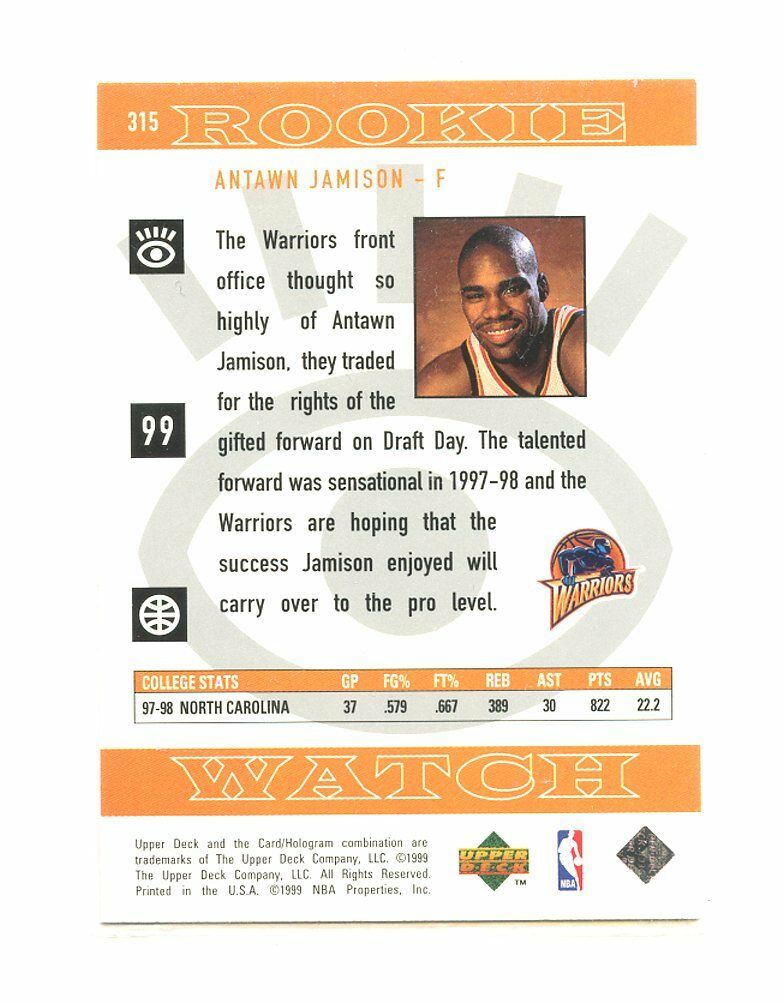 1998-99 Upper Deck #315 Antawn Jamison Golden State Warriors Rookie Card Image 2