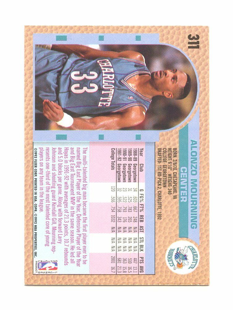 1992-93 Fleer #311 Alonzo Mourning Charlotte Hornets Rookie Card Image 2