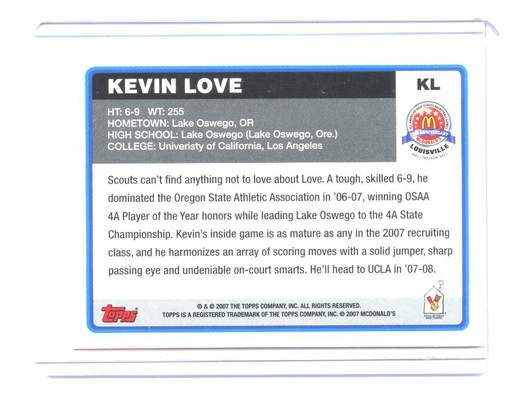 2007 Topps McDonald's All-American #KL Kevin Love Memphis Grizzlies Rookie Card Image 2