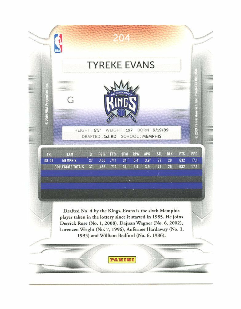 2009-10 Panini Prestige #204 Tyreke Evans Sacramento Kings Rookie Card Image 2