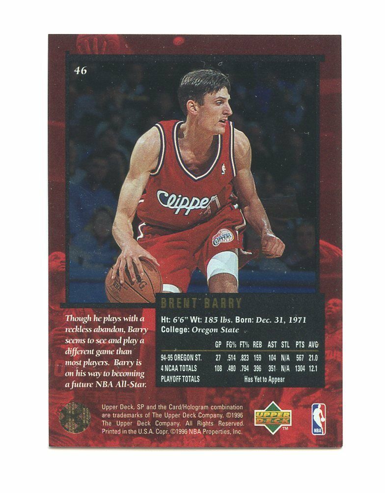 1995-96 SP Championship #46 Brent Barry Los Angeles Clippers Rookie Card Image 2