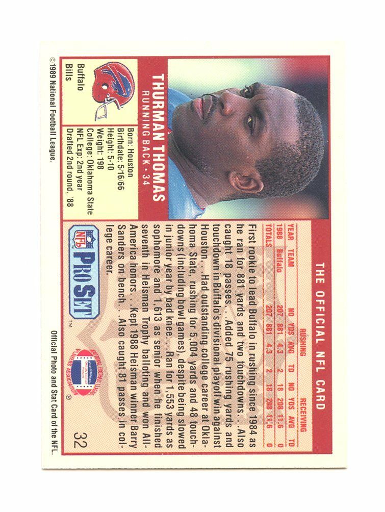 1989 Pro Set #32 Thurman Thomas Buffalo Bills Rookie Card Image 2