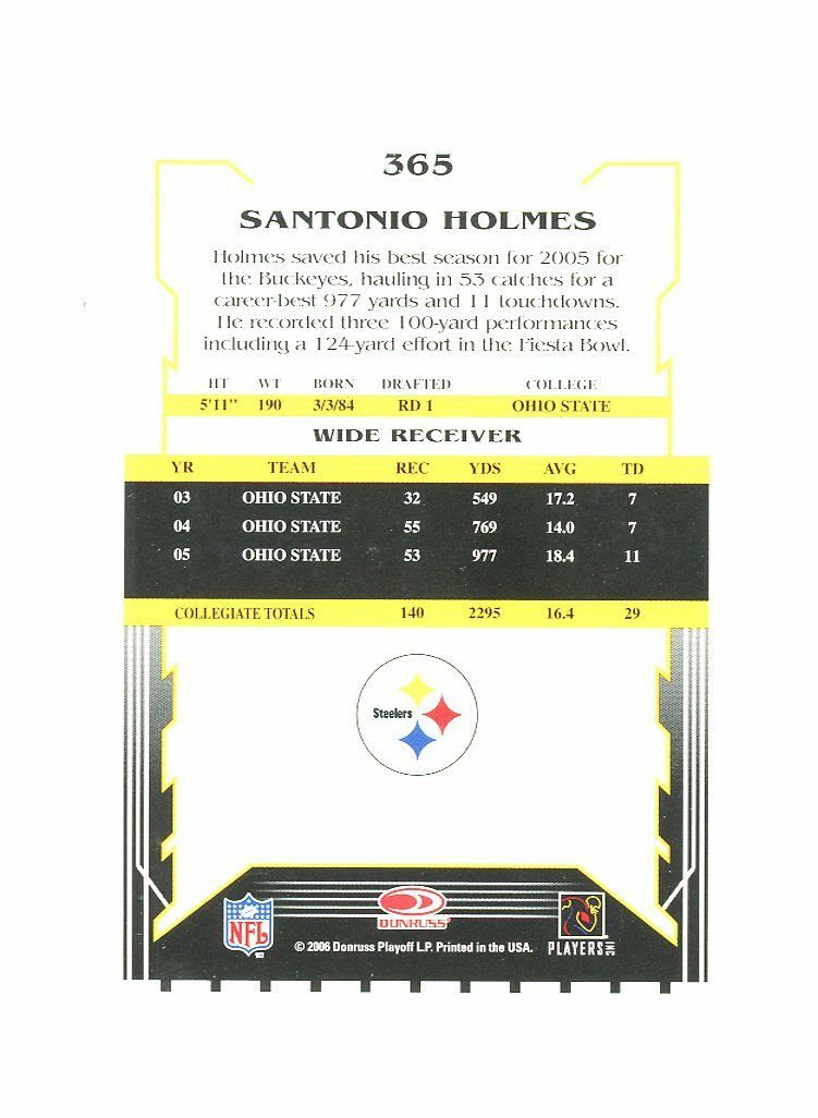 2006 Score #365 Santonio Holmes Steelers Rookie Card Image 2