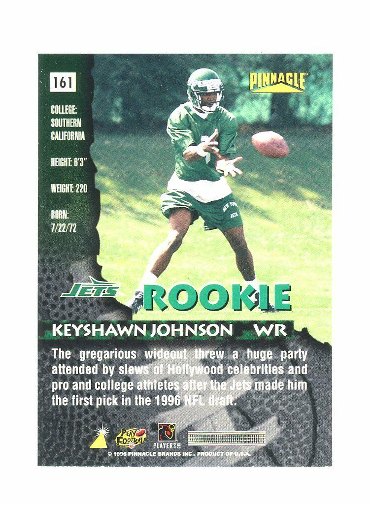 1996 Pinnacle Premium Stock #161 Keyshawn Johnson Jets Rookie Card Image 2