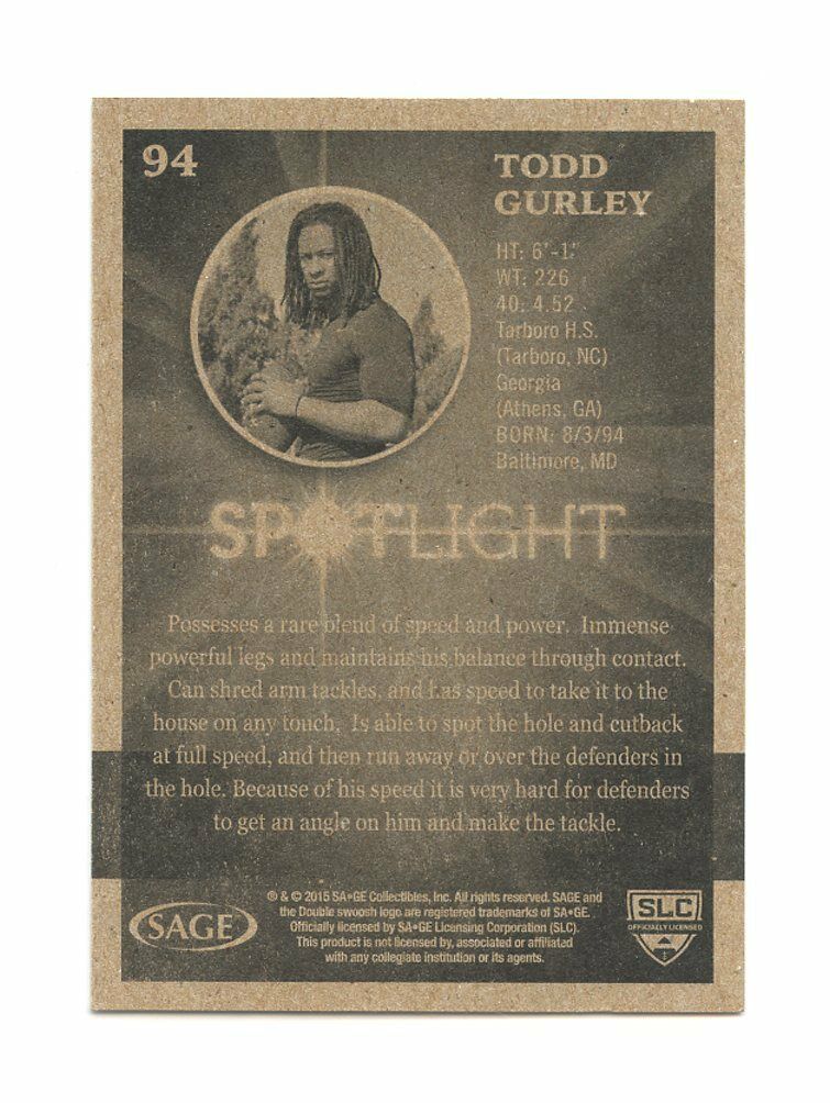 2015 Sage Spotlight #94 Rams Todd Gurley Rookie Card Image 2