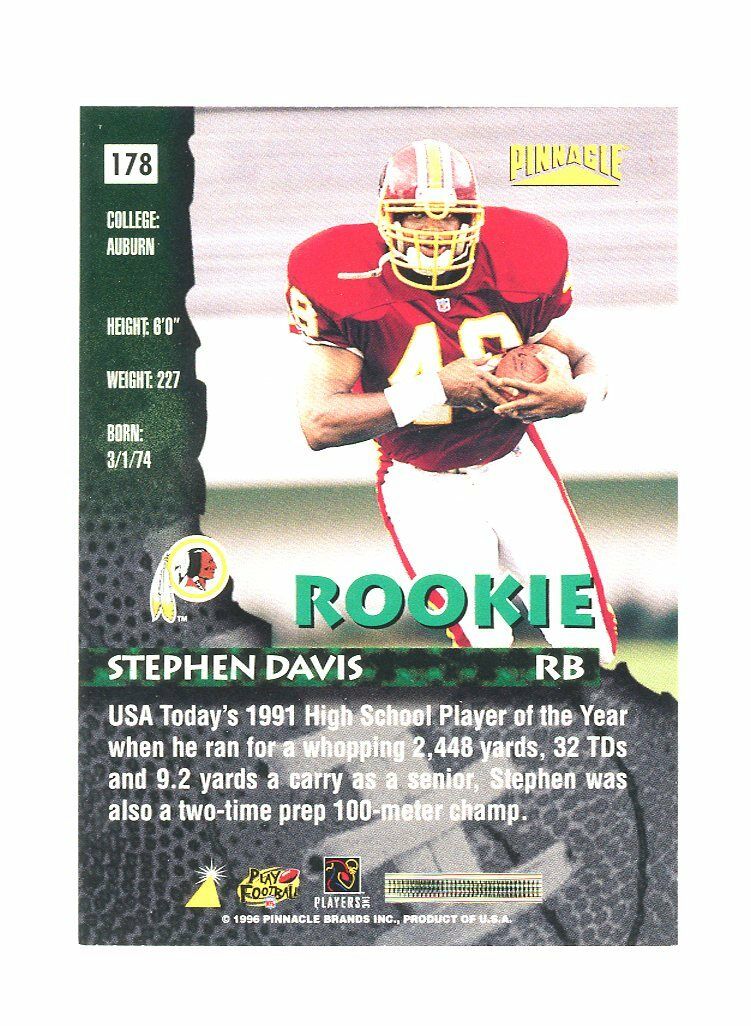 1996 Pinnacle Premium Stock #178 Stephen Davis Redskins Rookie Card Image 2