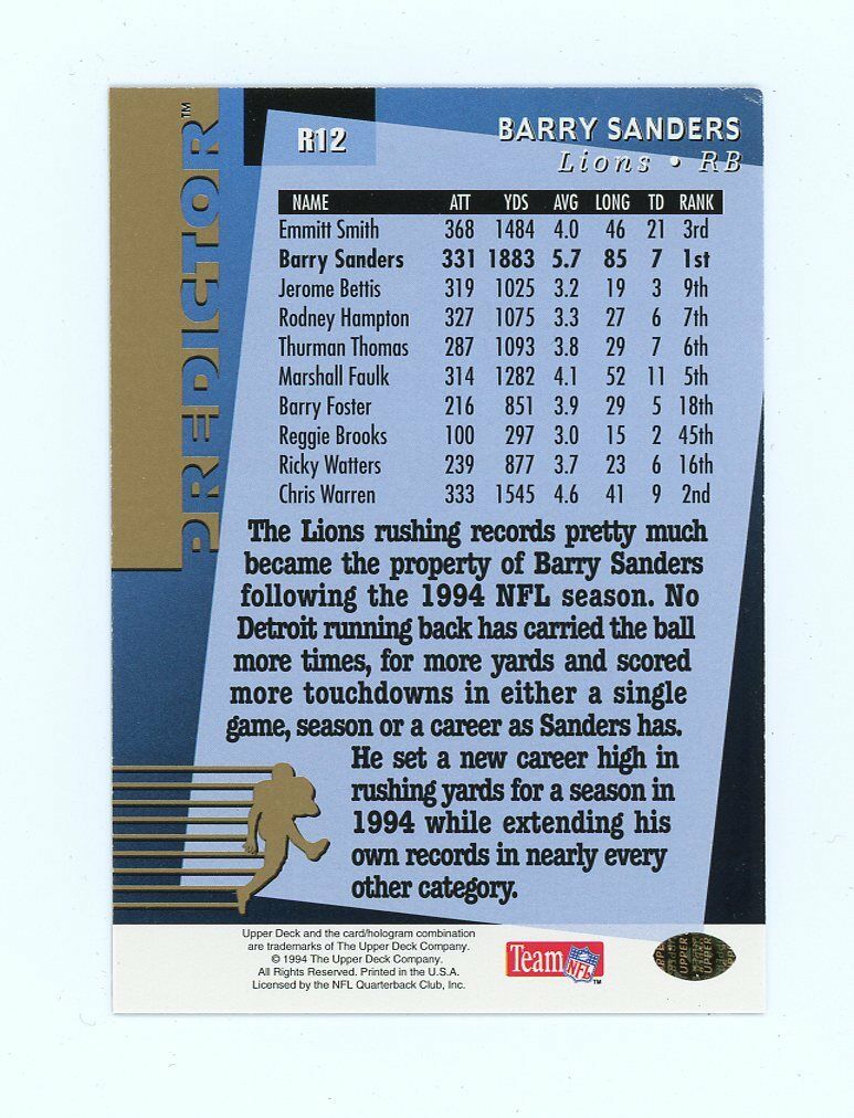 1994 Upper Deck Predictor League Leaders Redemption #R12 Barry Sanders Card Image 2