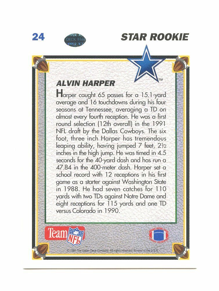 1991 Upper Deck #24 Alvin Harper Dallas Cowboys Rookie Card Image 2