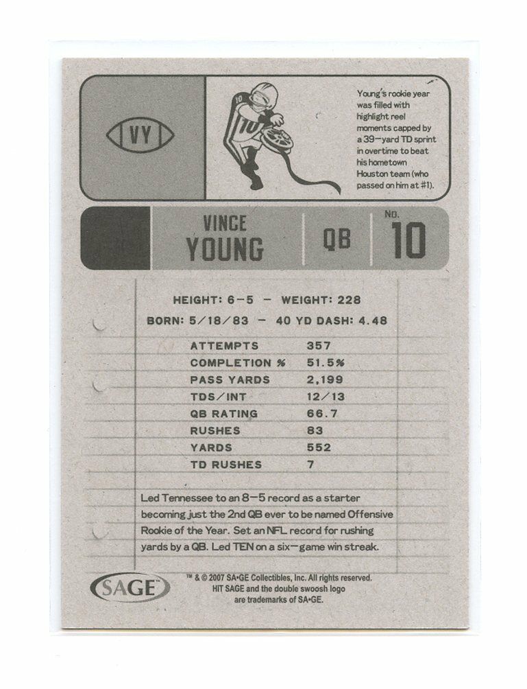 2006 Sage Hit #VY Vince Young TEXAS Tennessee Titans Rookie Card Image 2