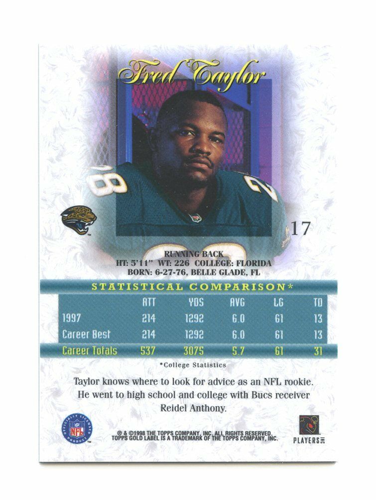 1998 Topps Gold Label #17 Fred Taylor Jacksonville Jaguars Rookie Card Image 2