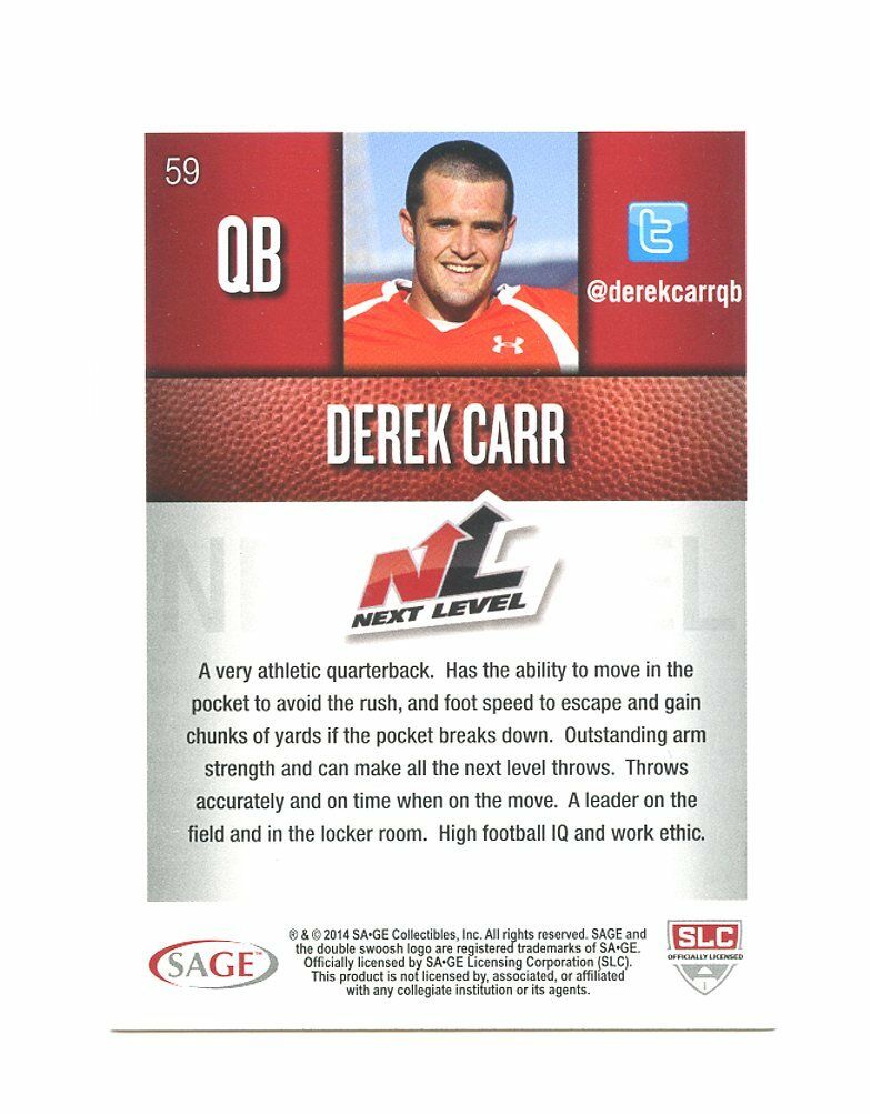 2014 Sage Next Level #59 Derek Carr Oakland Raiders Rookie Card Image 2