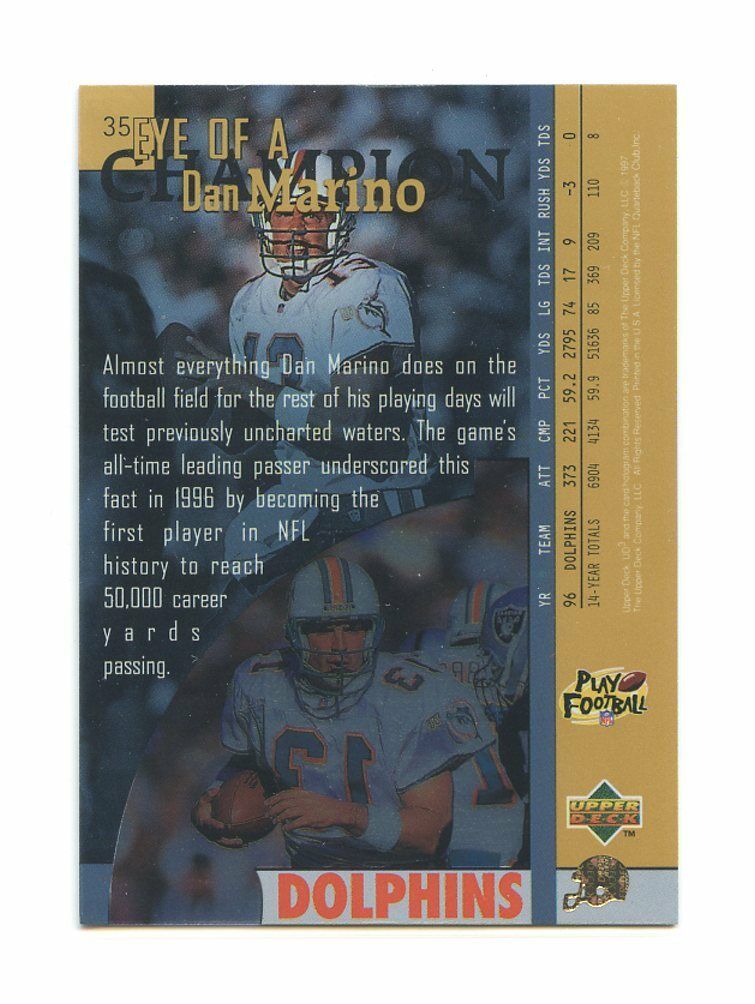 1998 UD3 #35 Dan Marino Miami Dolphins Eye of a Champion Card Image 2