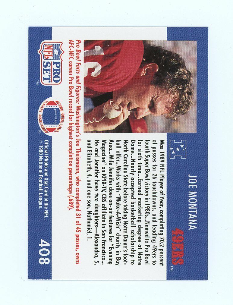 1990 Pro Set #408 Joe Montana San Francisco 49ers Pro Bowl Card Image 2