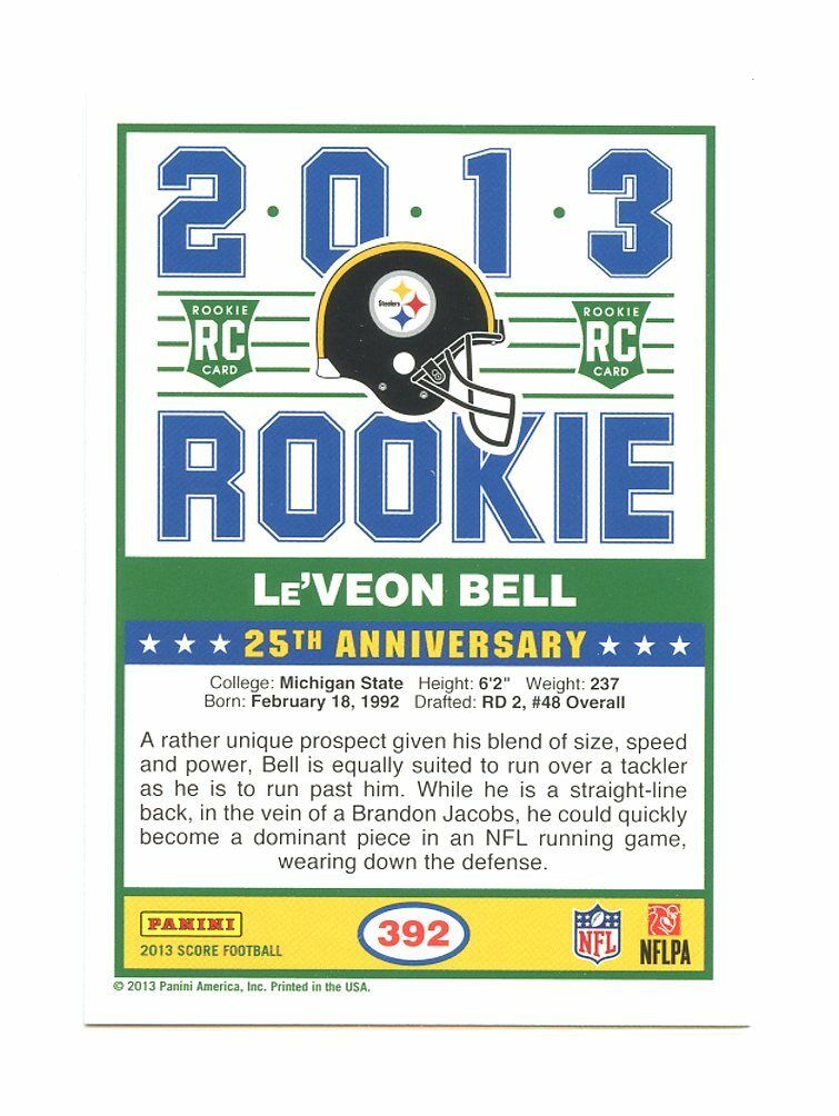 2013 Score #392 Le'Veon Bell Pittsburgh Steelers Rookie Card Image 2