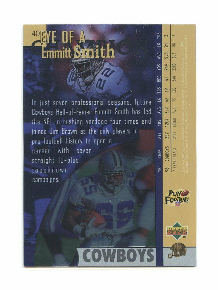 1998 UD3 #40 Emmitt Smith Dallas CowBoys Eye of a Champion Card Image 2