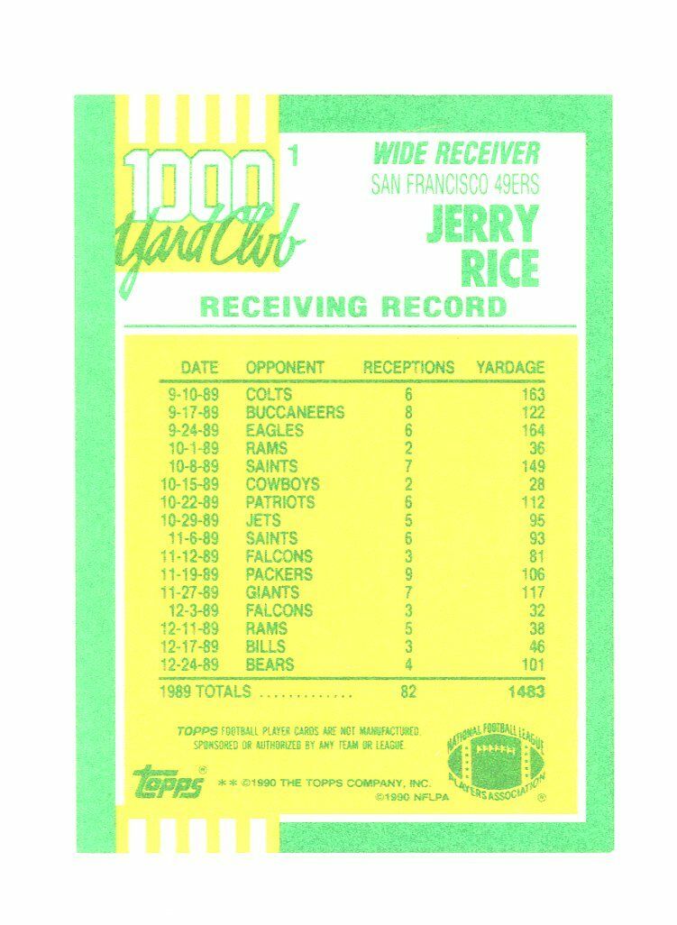 1990 Topps 1000 Yard Club #1 Jerry Rice 49ers Card Image 2