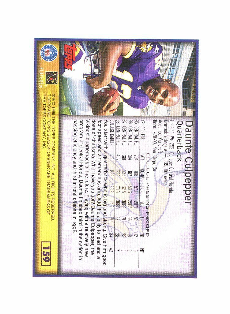 1999 Topps Season Opener #159 Daunte Culpepper Rookie Card Image 2