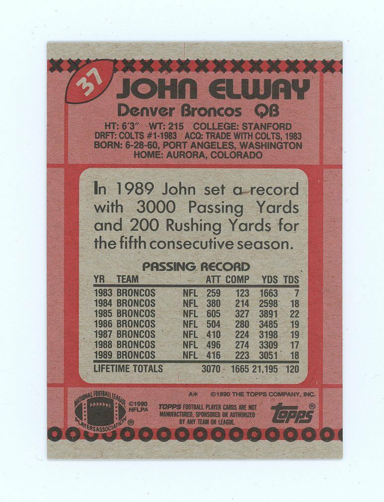 1990 Topps #37 John Elway Denver Broncos 6th Year Card Image 2