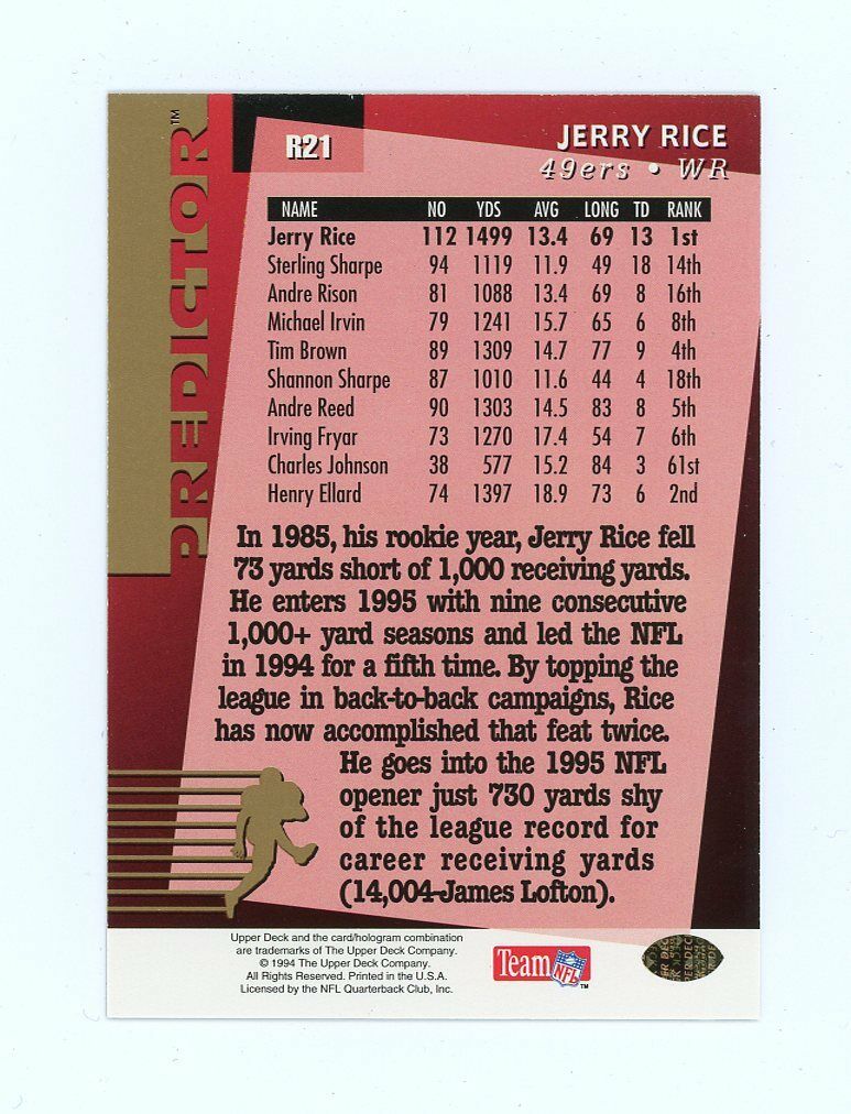 1994 Upper Deck Predictor League Leaders Redemption #R21 Jerry Rice Card Image 2