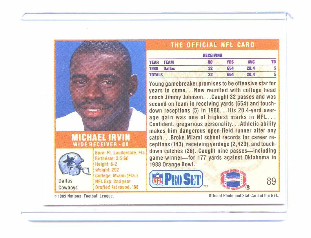 1989 Pro Set #89 Michael Irvin Dallas Cowboys Rookie Card Image 2